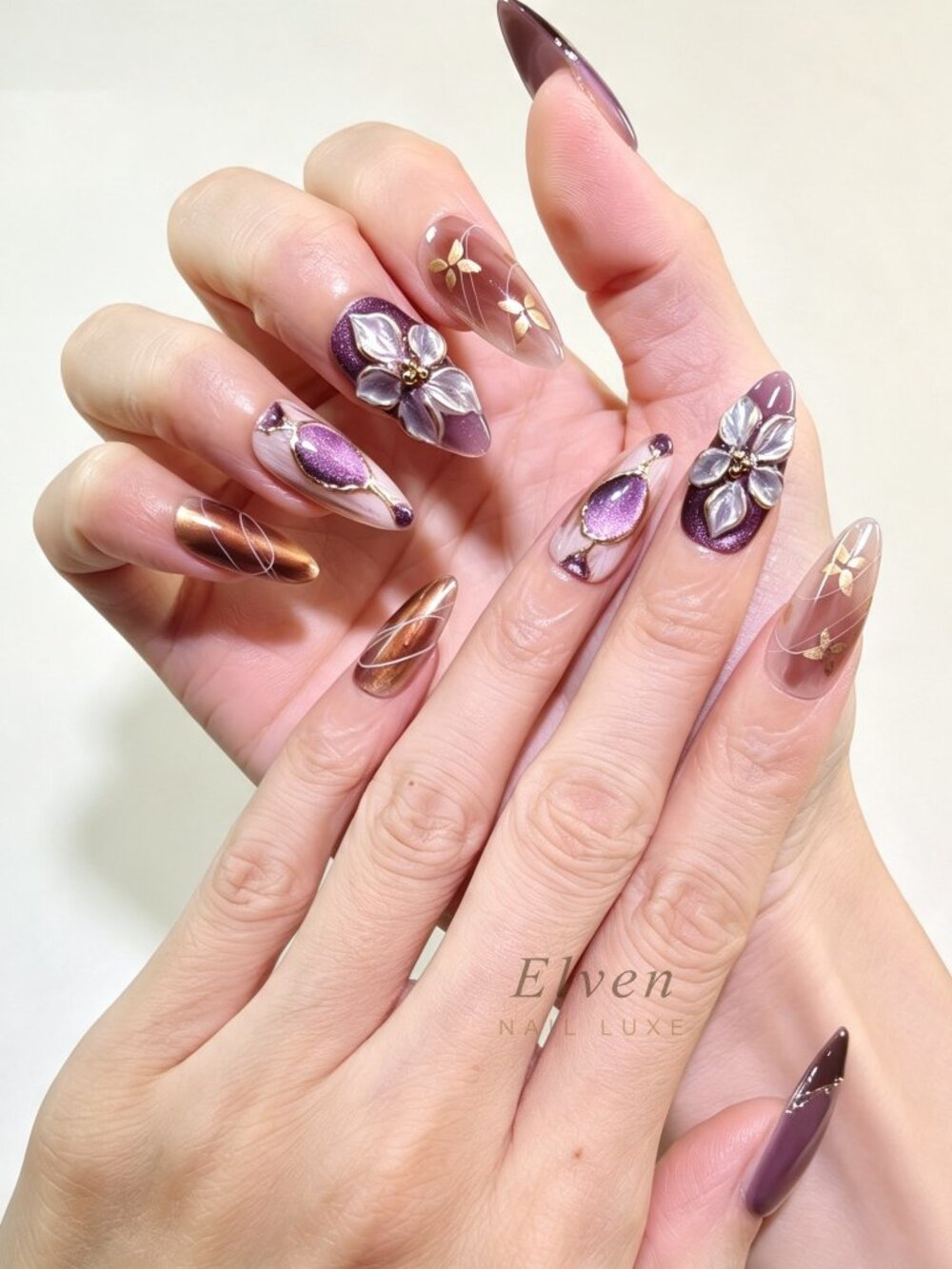 Purple Brown Gradient Ombre Cat Eye Press On Nails With 3D Flowers Medium Almond